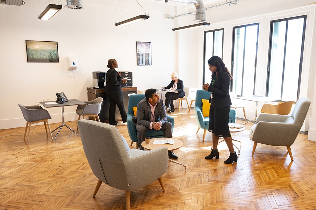 People talking in the reception area