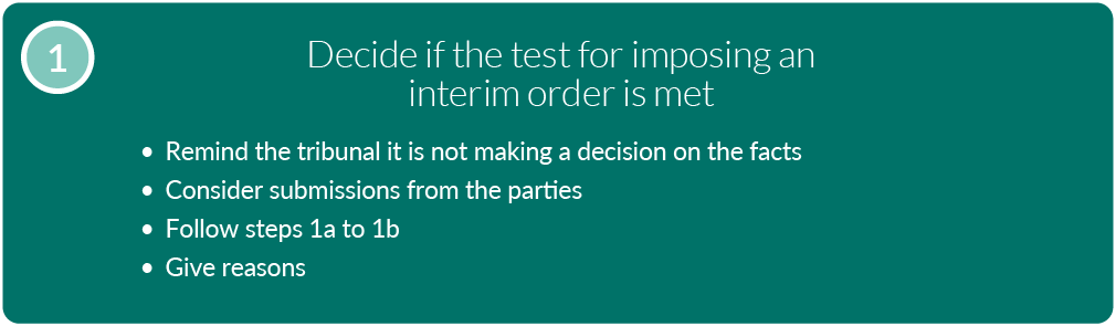 A text alternative is available for this image, follow the link "Text alternative: step 1: decide if the test for imposing an interim order is met"