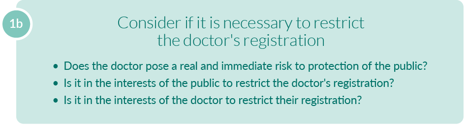 A text alternative is available for this image, follow the link "Text alternative: step 1b: consider if it is necessary to restrict the doctors registration"