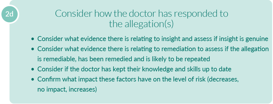 A text alternative is available for this image, follow the link "Text alternative: step 2d: consider how the doctor has responded to the allegation(s)"