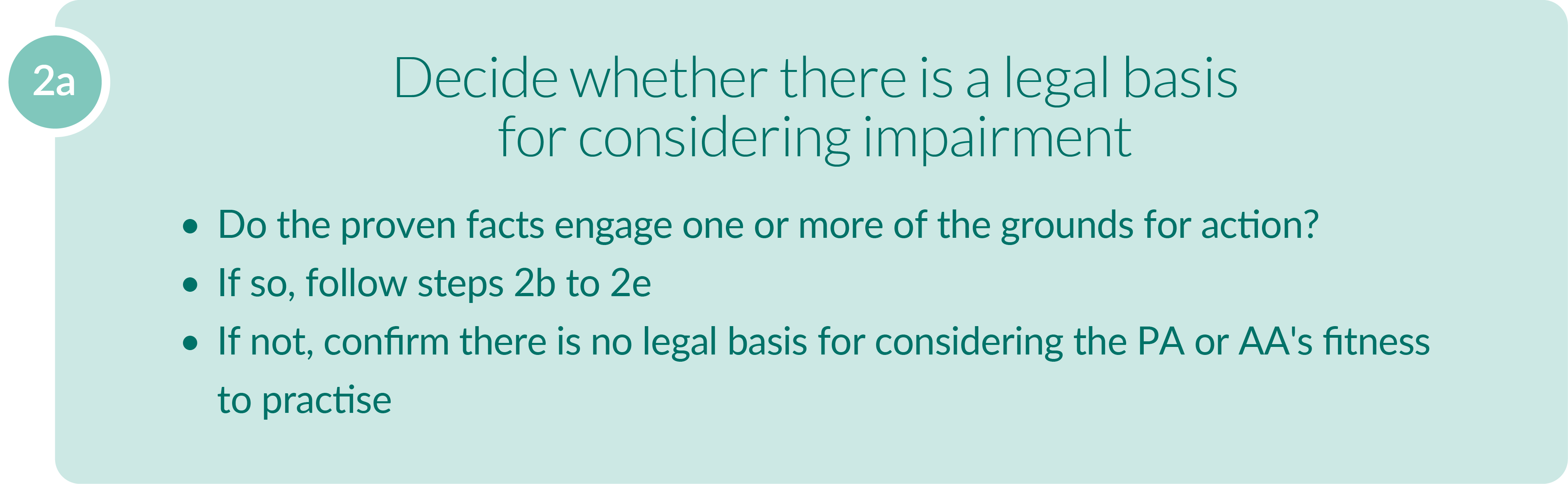 full text alternative for this image can be found using link 'Text alternative: step 2a: decide whether there is a legal basis for considering impairment'