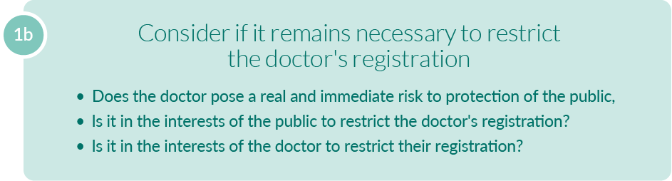 A text alternative is available for this image, follow the link "Text alternative: step 1b: consider if it remains necessary to restrict the doctor's registration"