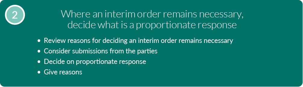 A text alternative is available for this image, follow the link "Text alternative: step 2: where an interim order remains, decide what is a proportionate response"